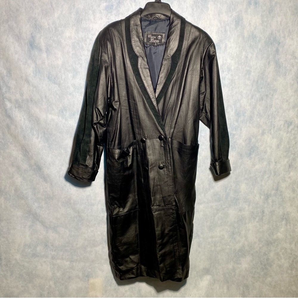 Vintage Long Leather Black Trench Coat Size Medium